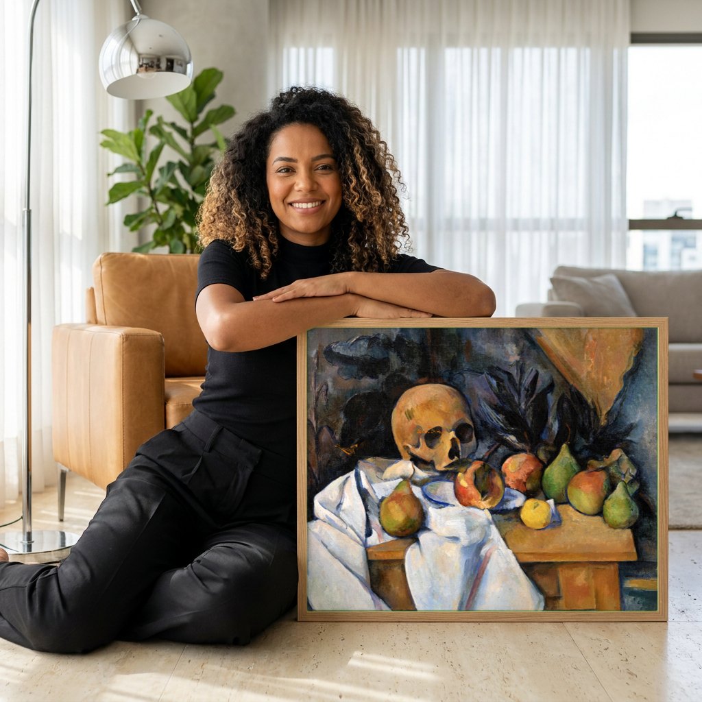 Quadro Decorativo Natureza-morta com Crânio - Paul Cézanne | modelo apresentando o quadro emoldurado
