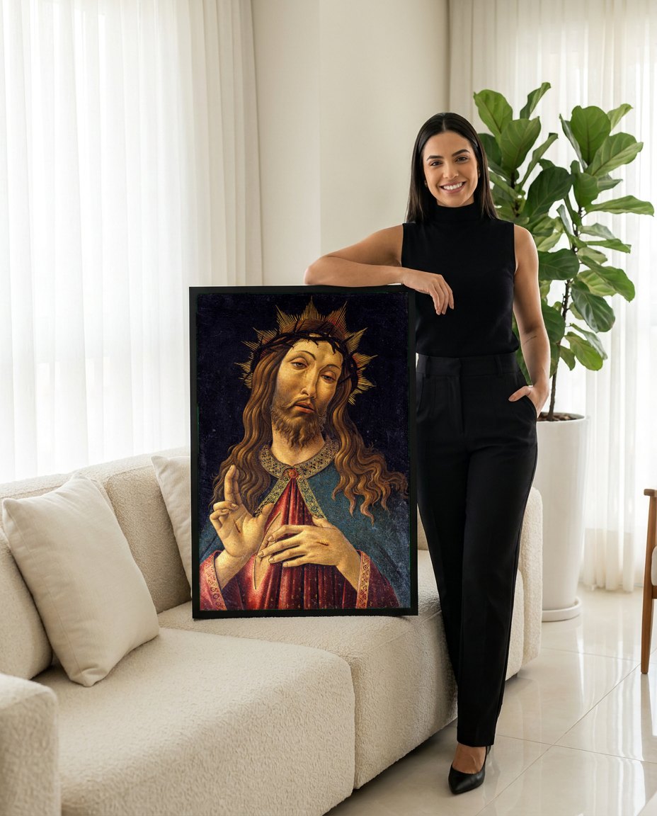 Quadro Decorativo Jesus Cristo com Coroa de Espinhos - Botticelli | modelo apresentando o quadro emoldurado