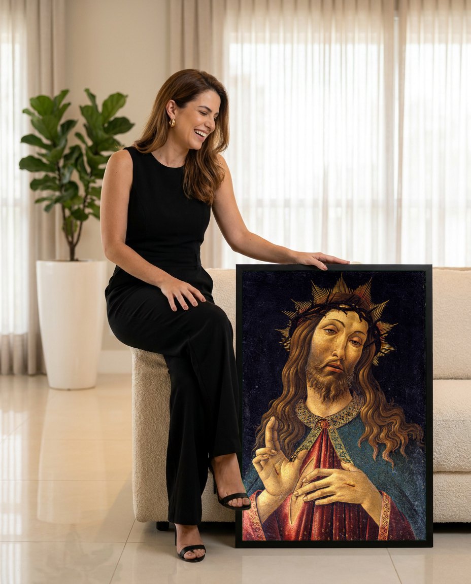 Quadro Decorativo Jesus Cristo com Coroa de Espinhos - Botticelli | modelo apresentando o quadro emoldurado
