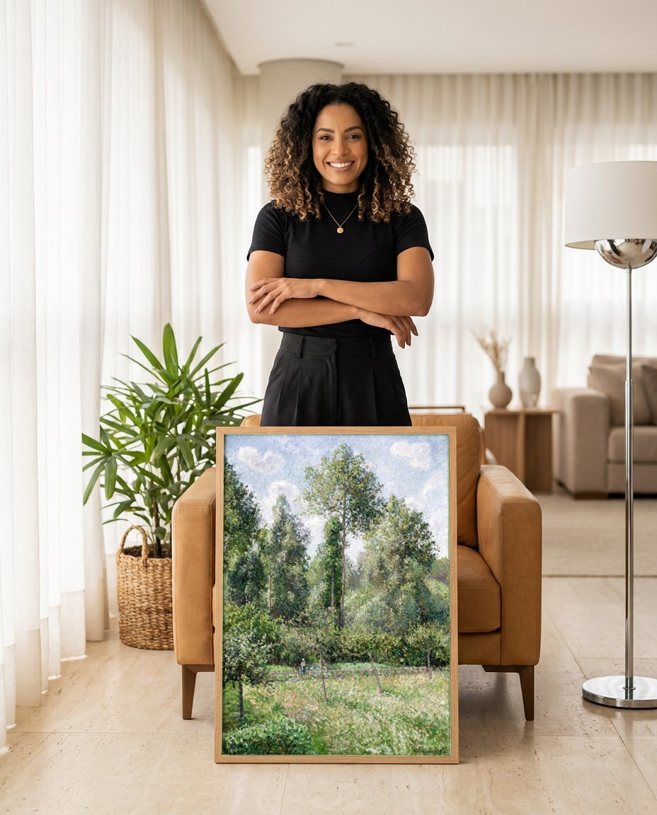 Quadro Decorativo Campo Verdejante - Pissarro | modelo apresentando o quadro emoldurado