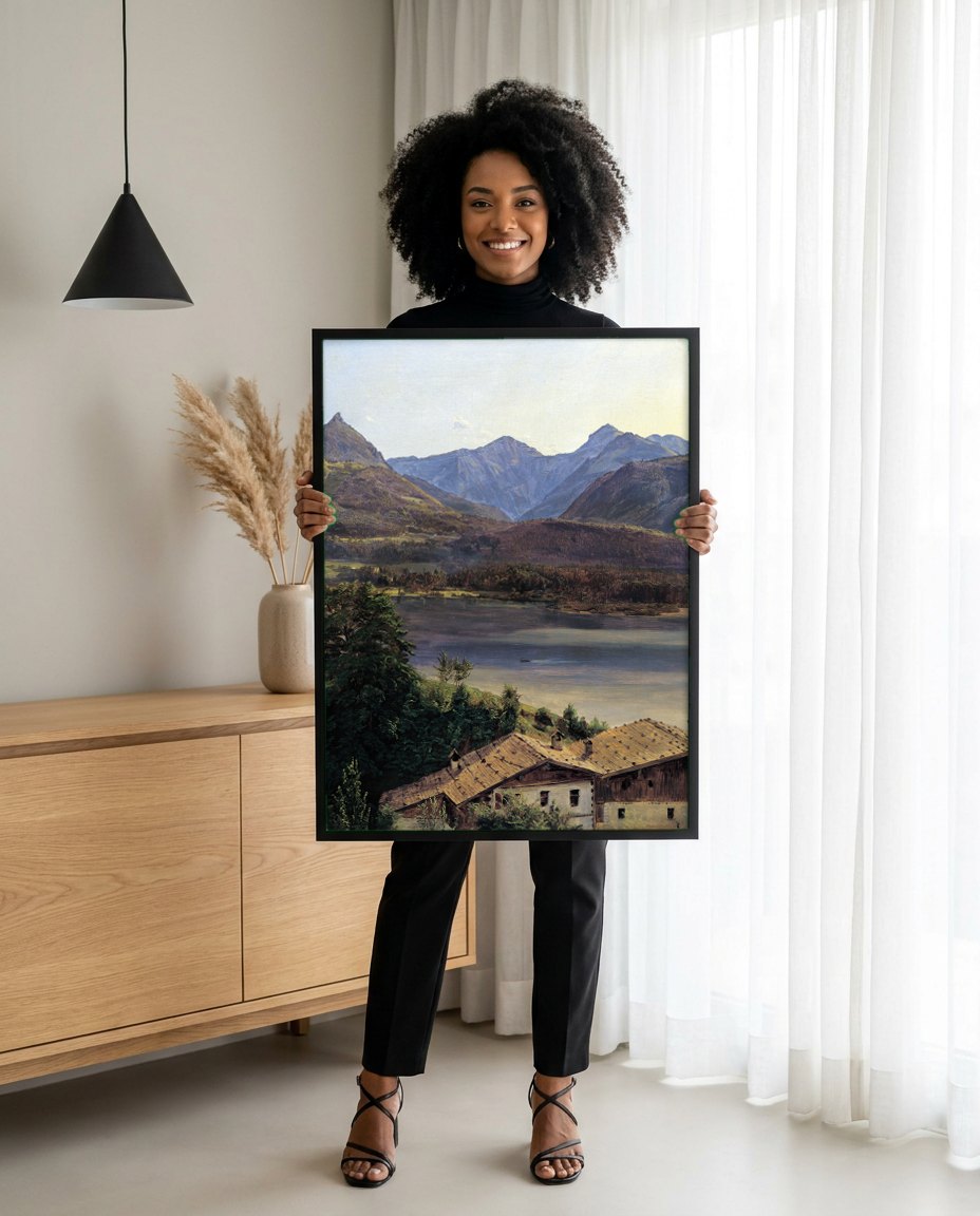 Quadro Decorativo Paisagem Alpina com Lago - Waldmüller | modelo apresentando o quadro emoldurado