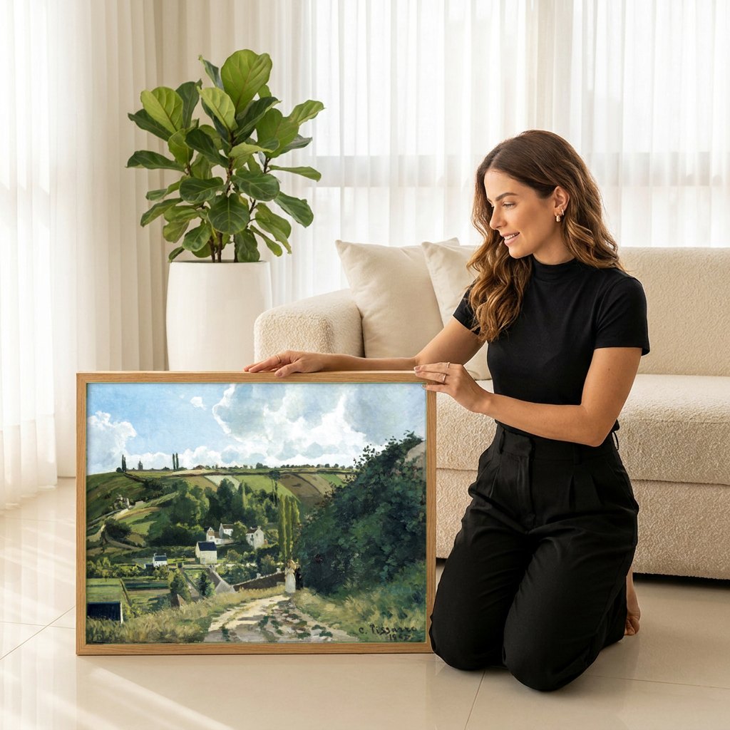 Quadro Decorativo A Colina de Vesinet - Camille Pissarro | modelo apresentando o quadro emoldurado
