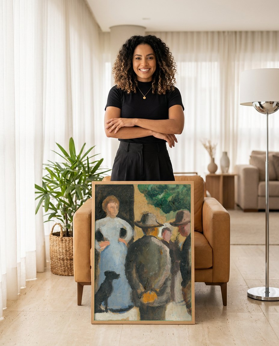 Quadro Decorativo Cena de Rua com Figuras - August Macke | modelo apresentando o quadro emoldurado