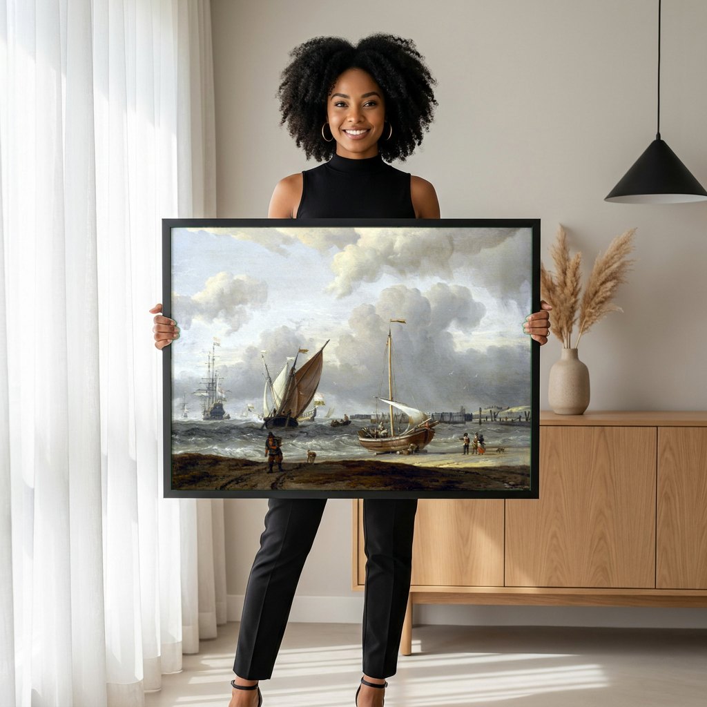 Quadro Decorativo Marinha com Veleiros - Abraham Storck | modelo apresentando o quadro emoldurado