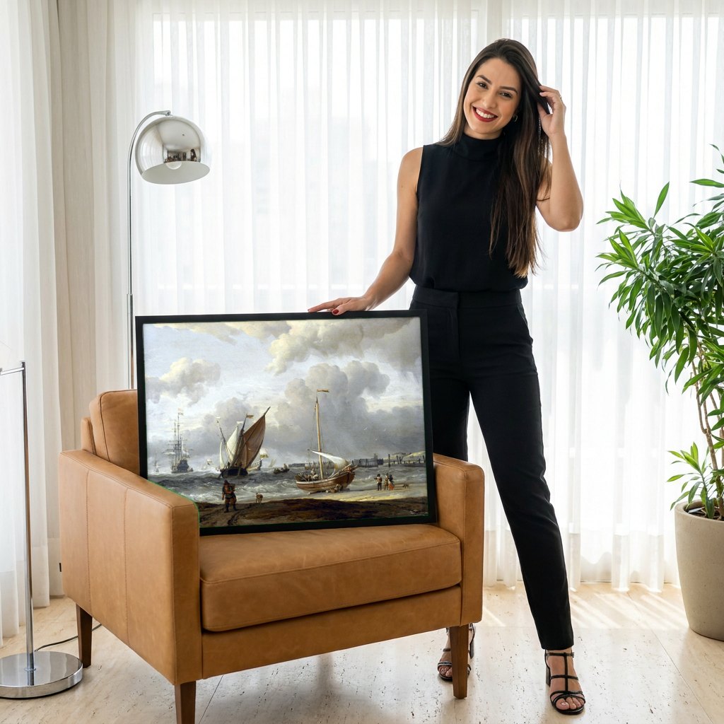 Quadro Decorativo Marinha com Veleiros - Abraham Storck | modelo apresentando o quadro emoldurado