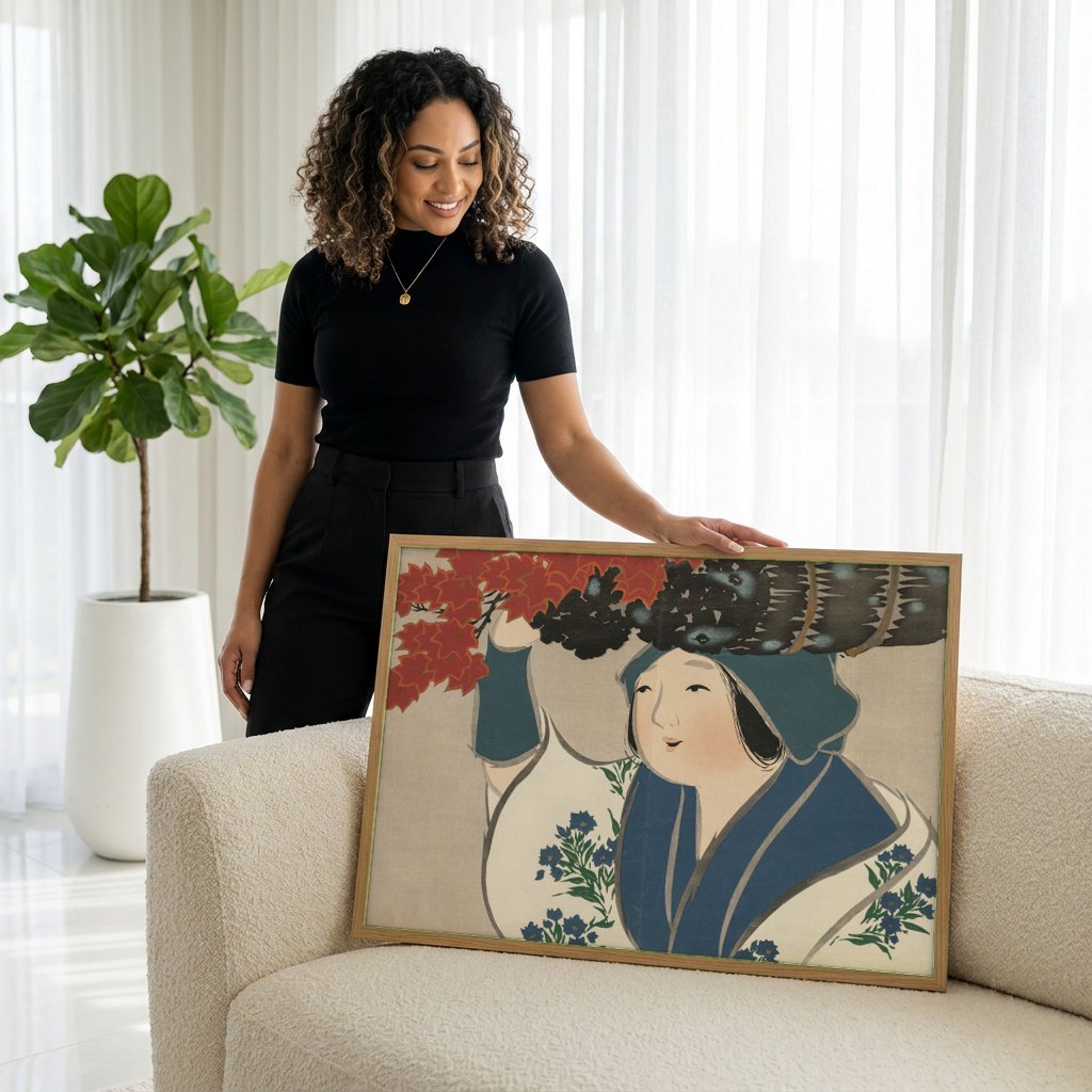 Quadro Decorativo A Mulher e o Outono - Kamisaka Sekka | modelo apresentando o quadro emoldurado