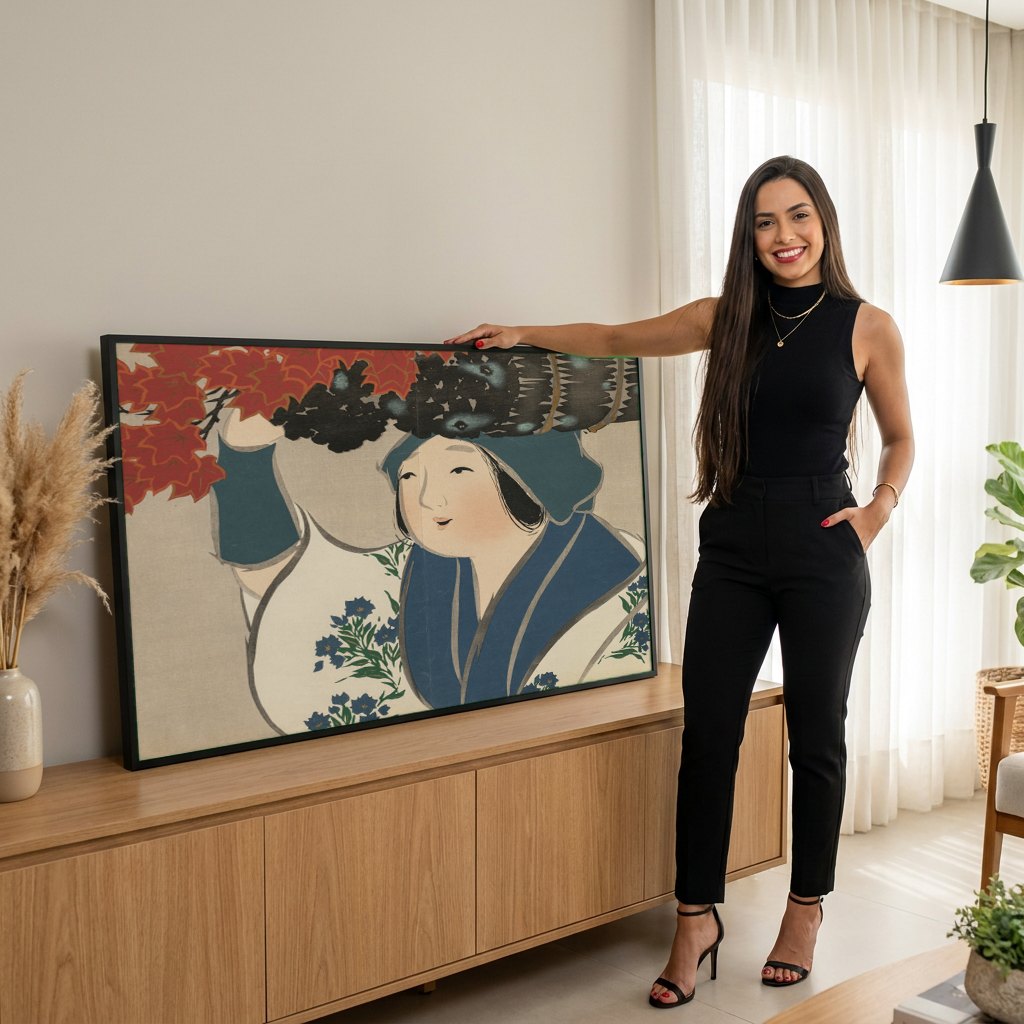 Quadro Decorativo A Mulher e o Outono - Kamisaka Sekka | modelo apresentando o quadro emoldurado