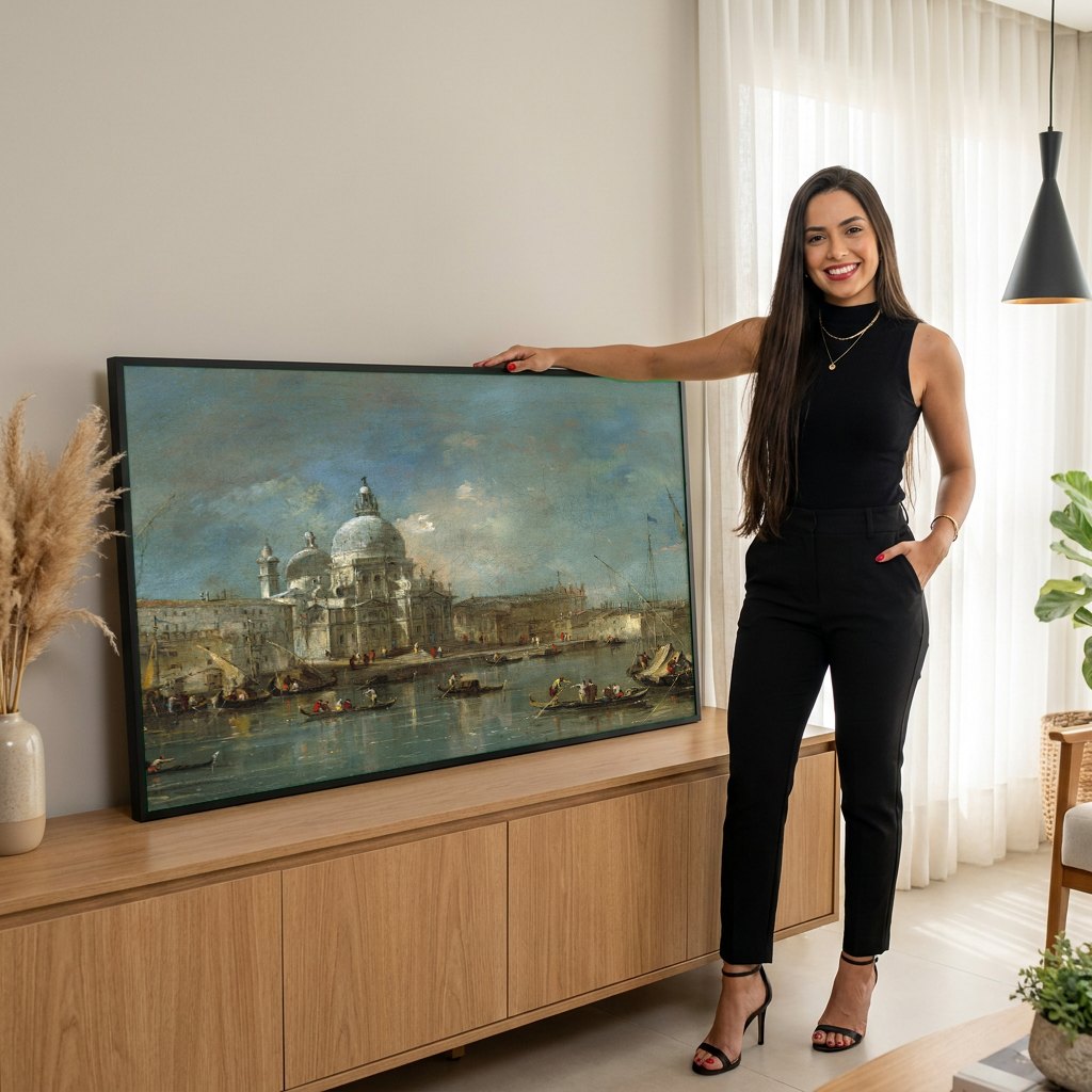 Quadro Decorativo A Basílica de Santa Maria della Salute - Guardi | modelo apresentando o quadro emoldurado