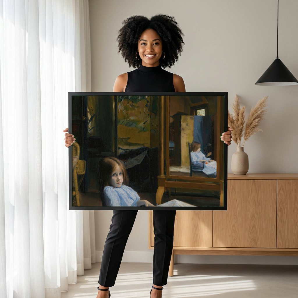 Quadro Decorativo A Menina no Espelho - Jacques Émile Blanche | modelo apresentando o quadro emoldurado
