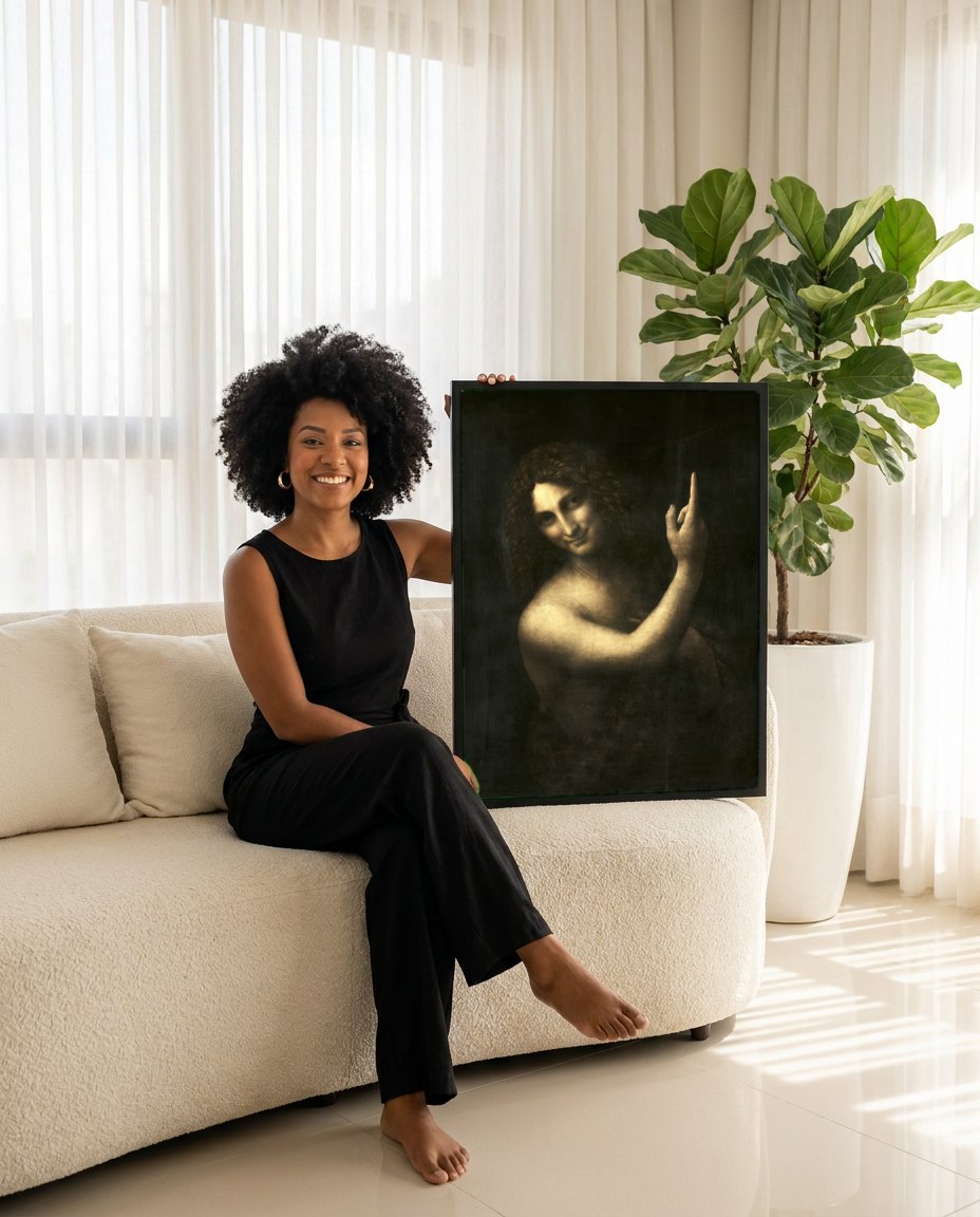 Quadro Decorativo São João Batista - Leonardo Da Vinci | modelo apresentando o quadro emoldurado