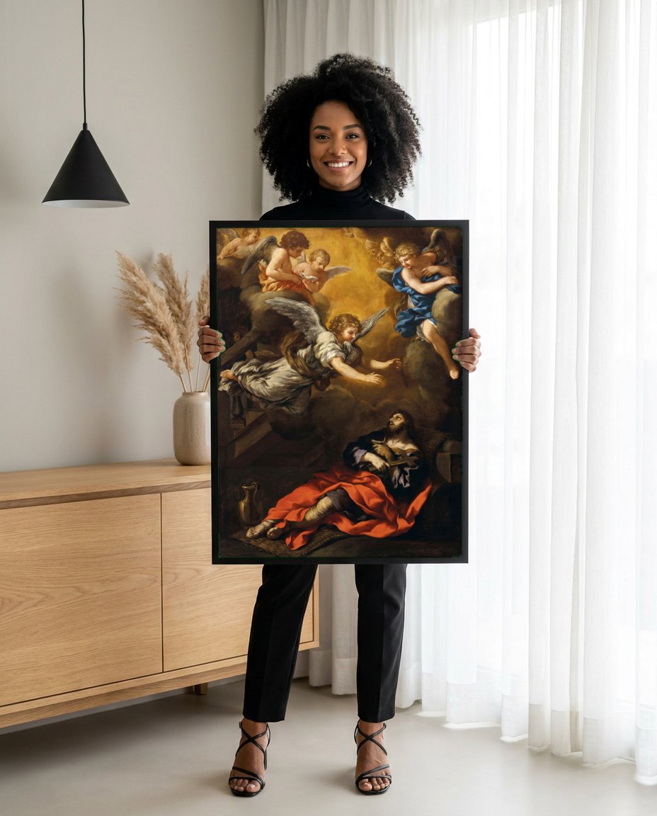 Quadro Decorativo A Escada de Jacó - Luca Giordano | modelo apresentando o quadro emoldurado