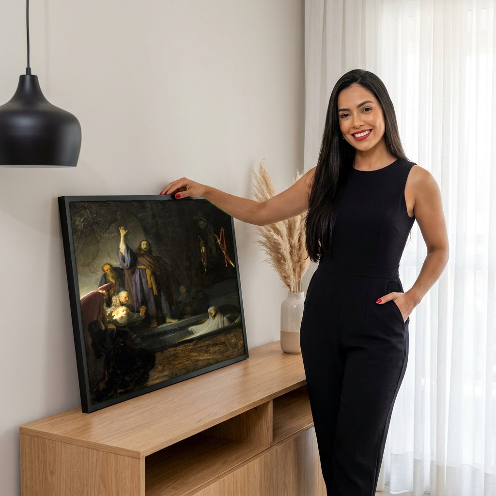 Quadro Decorativo A Ressurreição de Lázaro - Rembrandt | modelo apresentando o quadro emoldurado