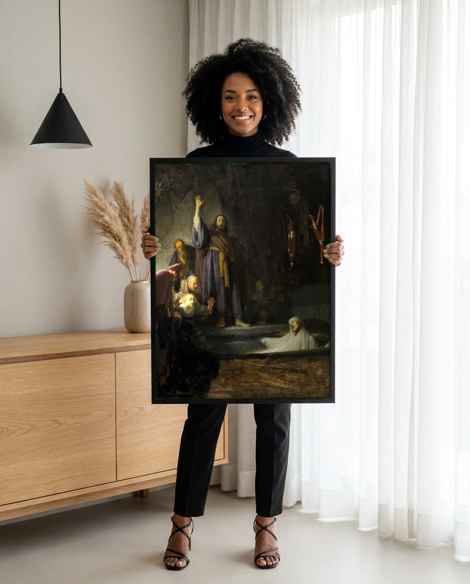 Quadro Decorativo A Ressurreição de Lázaro - Rembrandt | modelo apresentando o quadro emoldurado