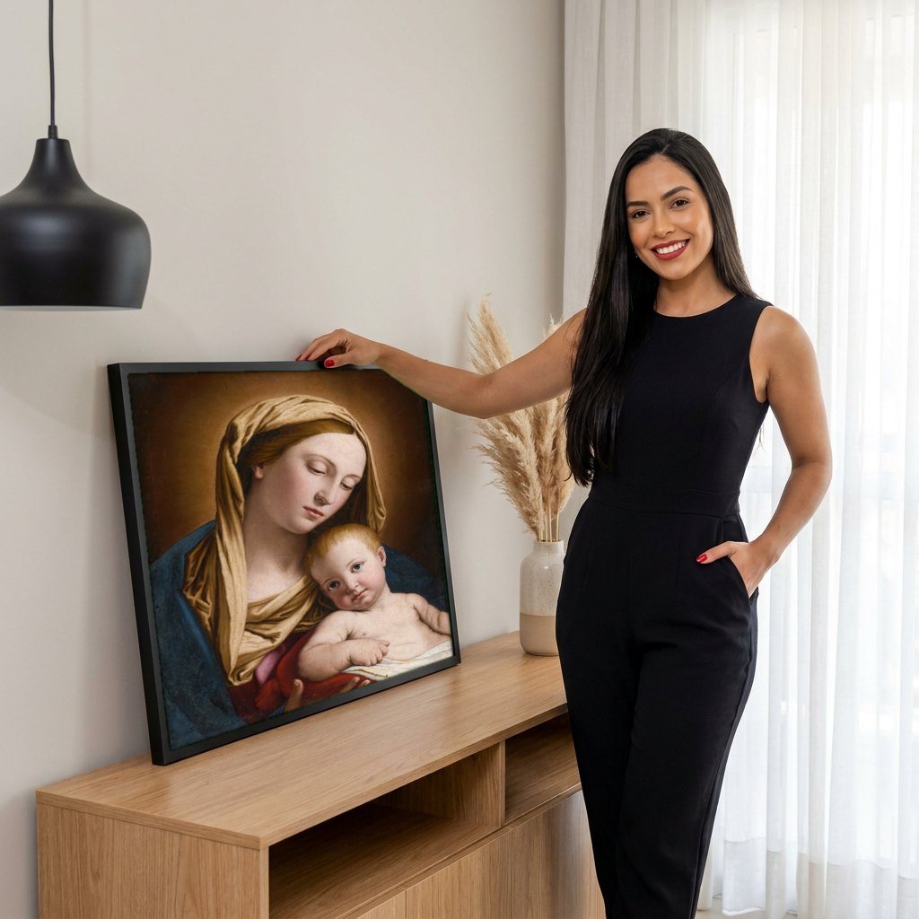 Quadro Decorativo A Virgem e o Menino - Sassoferrato | modelo apresentando o quadro emoldurado
