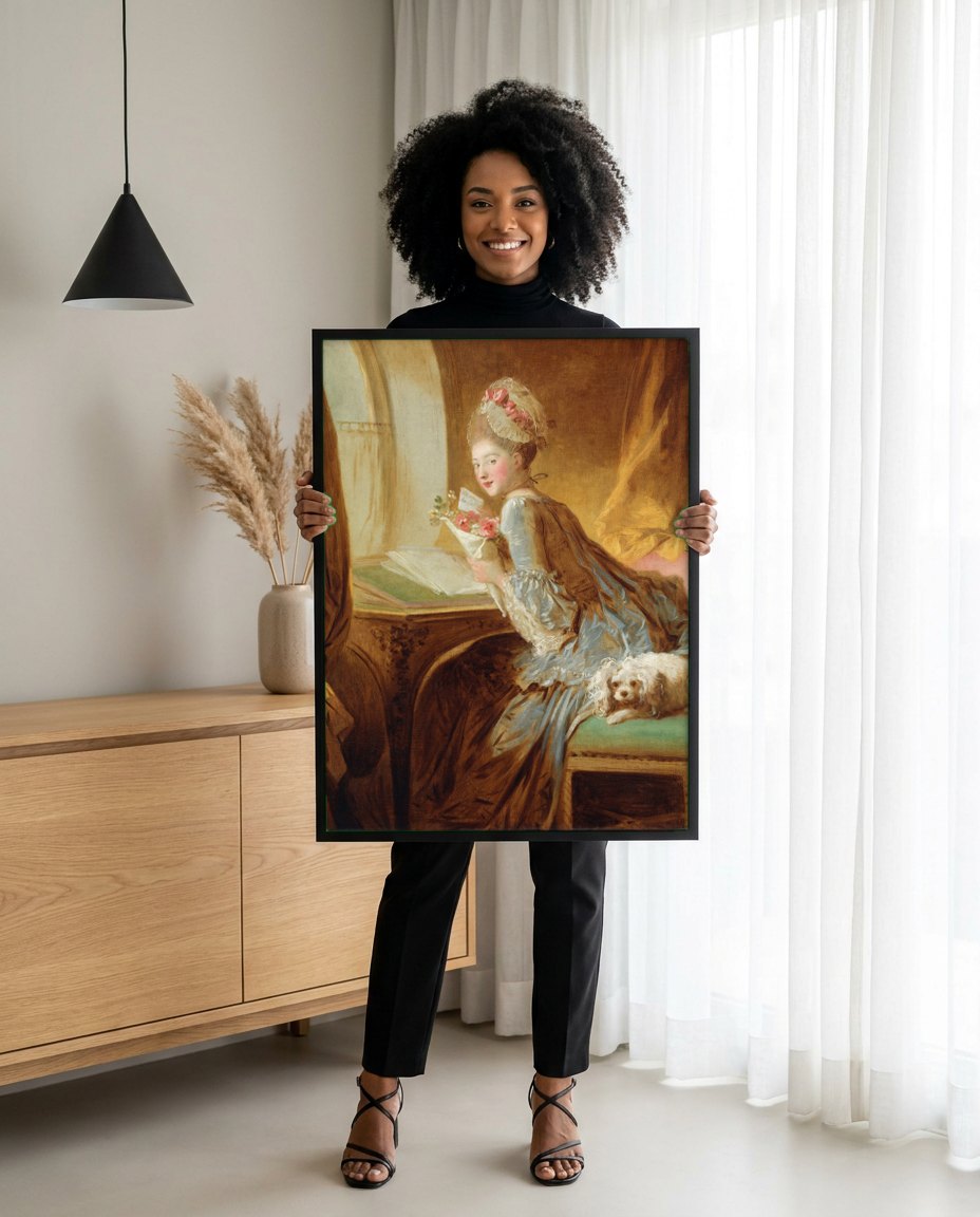 Quadro Decorativo A Leitura da Carta - Fragonard | modelo apresentando o quadro emoldurado
