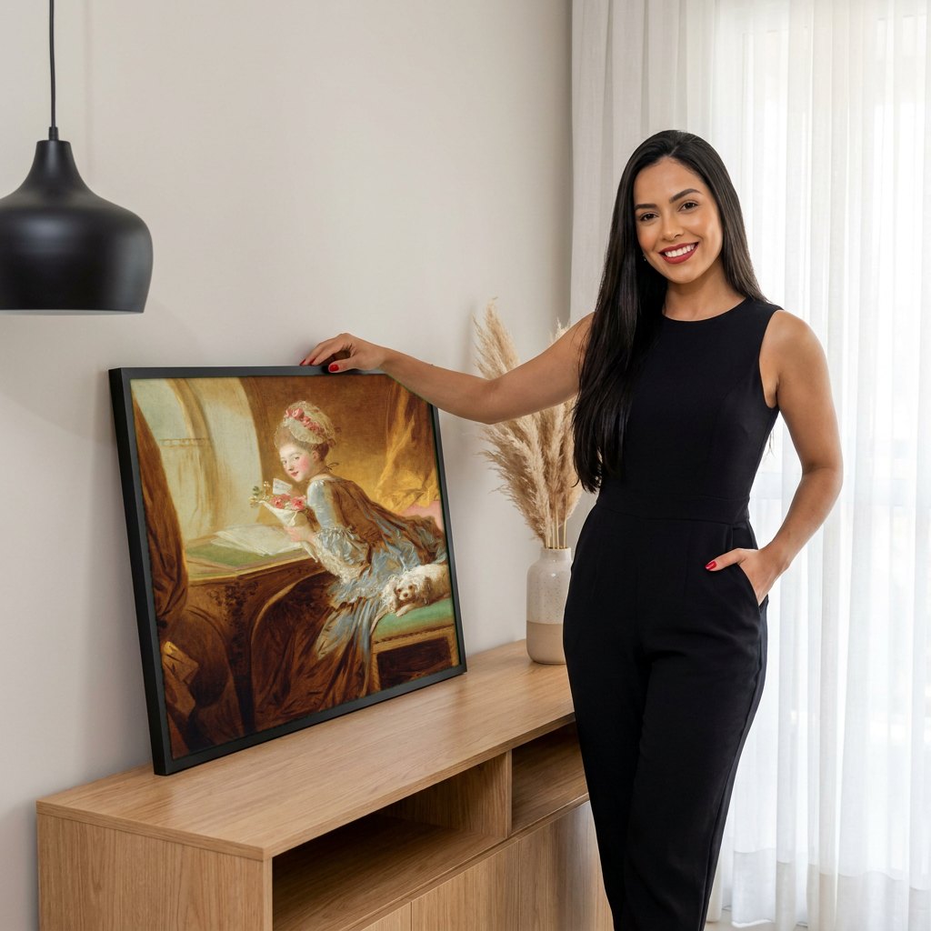 Quadro Decorativo A Leitura da Carta - Fragonard | modelo apresentando o quadro emoldurado