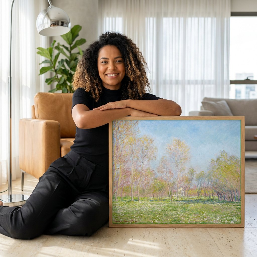 Quadro Decorativo Campo de Primavera - Claude Monet | modelo apresentando o quadro emoldurado