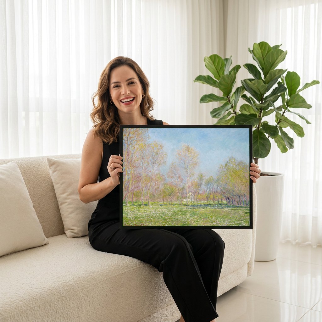 Quadro Decorativo Campo de Primavera - Claude Monet | modelo apresentando o quadro emoldurado