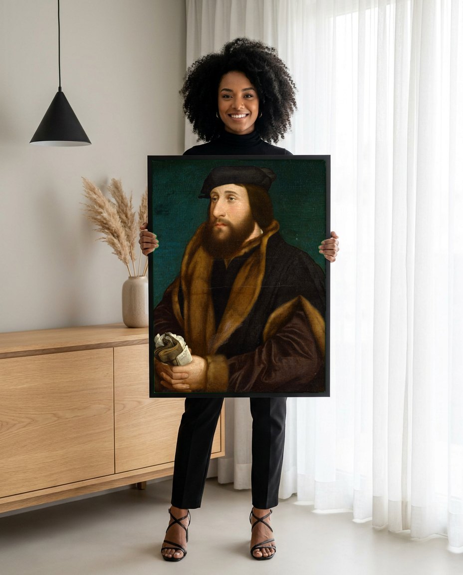 Quadro Decorativo Retrato de um Homem - Hans Holbein | modelo apresentando o quadro emoldurado