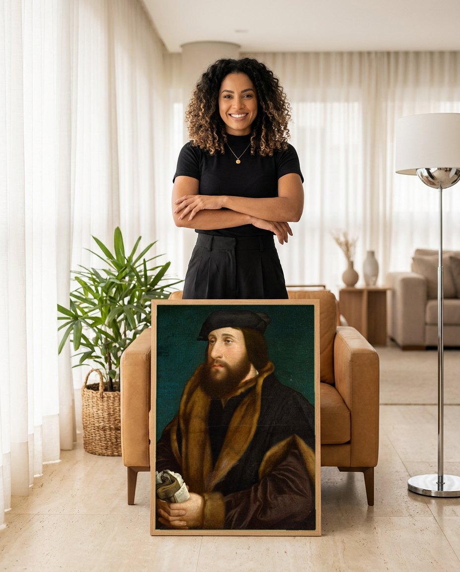 Quadro Decorativo Retrato de um Homem - Hans Holbein | modelo apresentando o quadro emoldurado