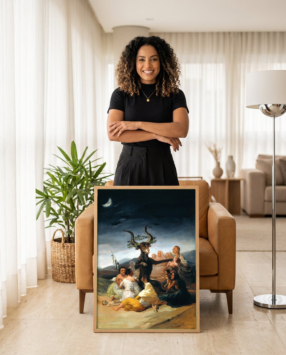 Quadro Decorativo O Sabá das Bruxas - Goya | modelo apresentando o quadro emoldurado