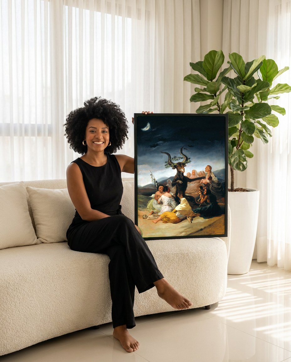 Quadro Decorativo O Sabá das Bruxas - Goya | modelo apresentando o quadro emoldurado