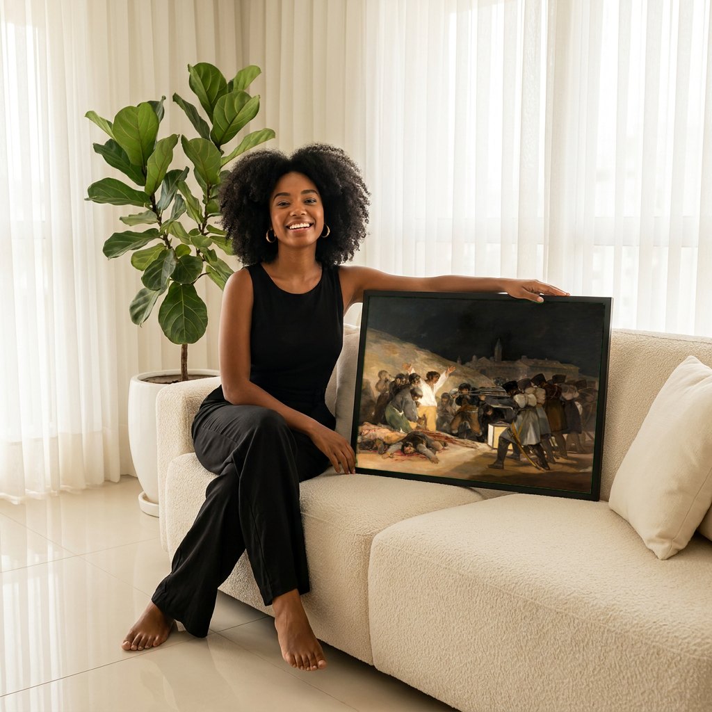 Quadro Decorativo El Tres de Mayo - Goya | modelo apresentando o quadro emoldurado