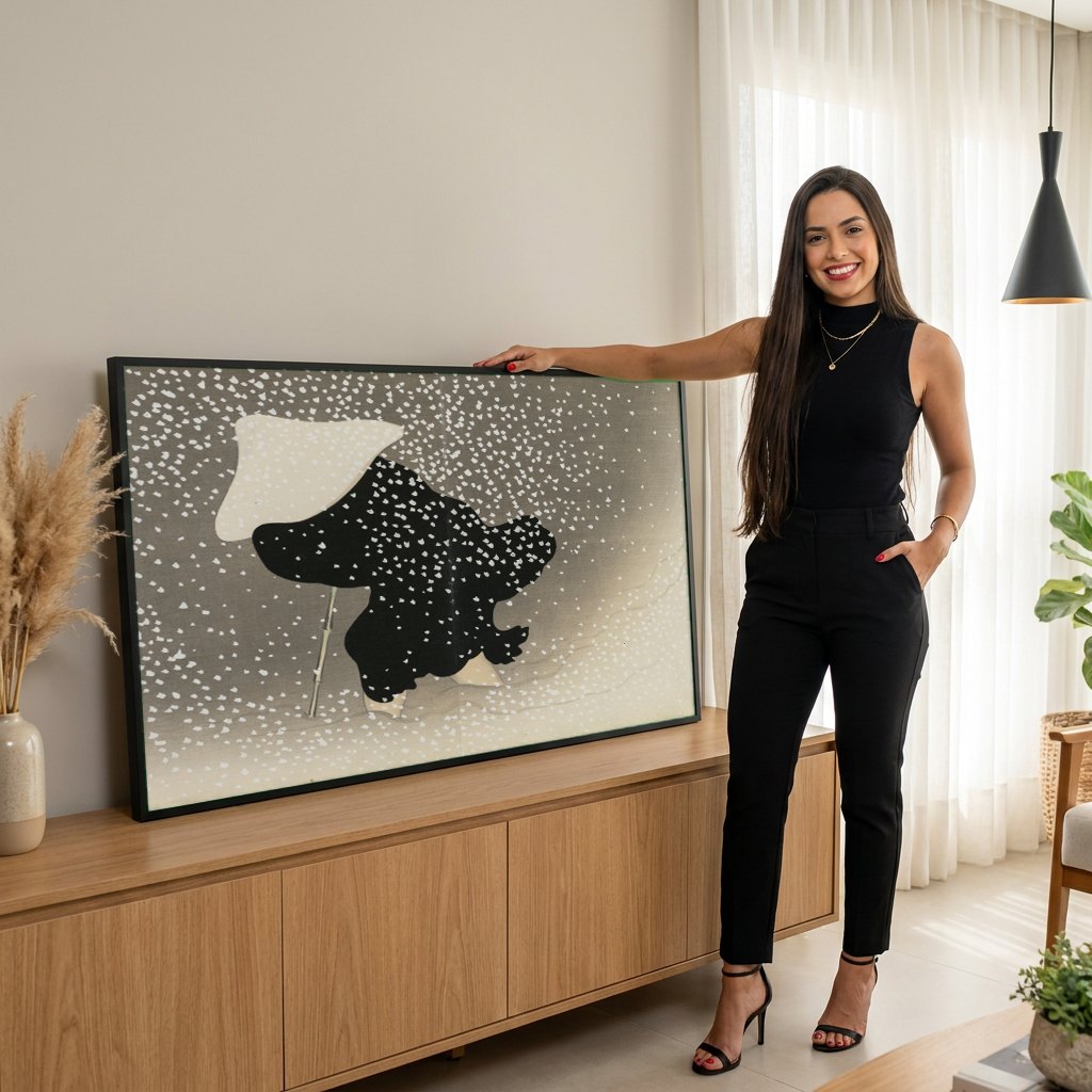 Quadro Decorativo Neve Japonesa - Kamisaka Sekka | modelo apresentando o quadro emoldurado
