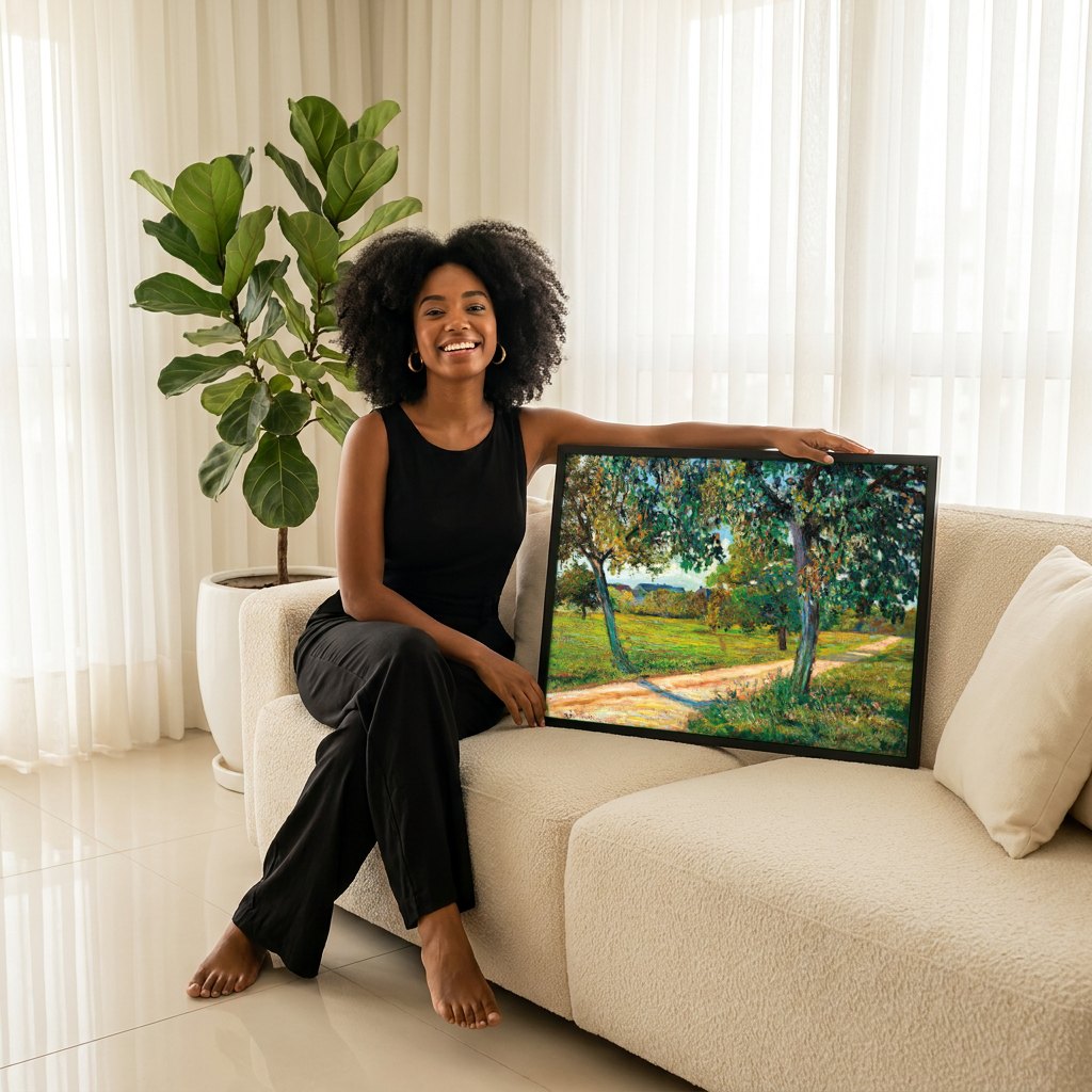 Quadro Decorativo Paisagem com Caminho - Armand Guillaumin | modelo apresentando o quadro emoldurado