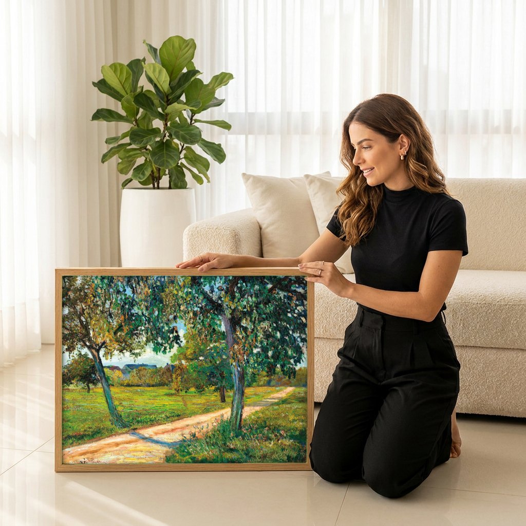 Quadro Decorativo Paisagem com Caminho - Armand Guillaumin | modelo apresentando o quadro emoldurado