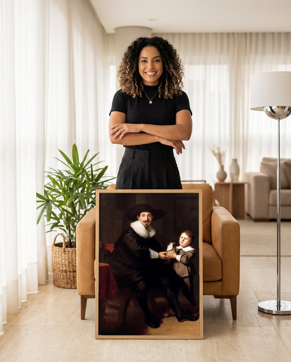 Quadro Decorativo O Pai e o Filho - Rembrandt | modelo apresentando o quadro emoldurado
