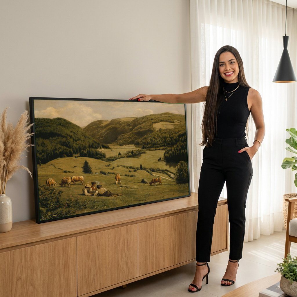 Quadro Decorativo Paisagem Alpina com Camponeses - Hans Thoma | modelo apresentando o quadro emoldurado