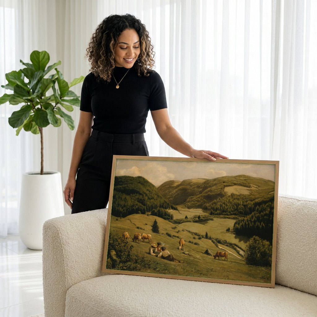 Quadro Decorativo Paisagem Alpina com Camponeses - Hans Thoma | modelo apresentando o quadro emoldurado