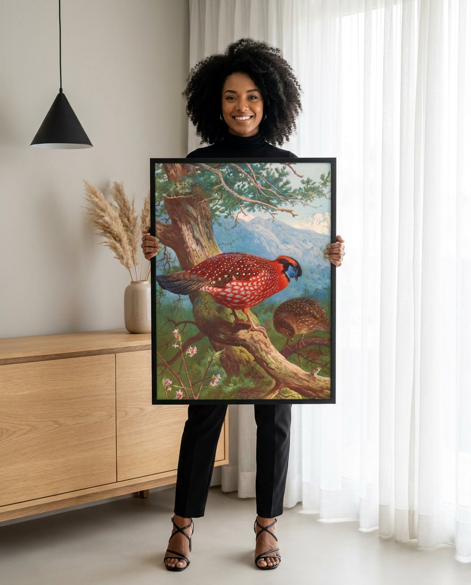 Quadro Decorativo Aves Exóticas em Montanha - Thorburn | modelo apresentando o quadro emoldurado