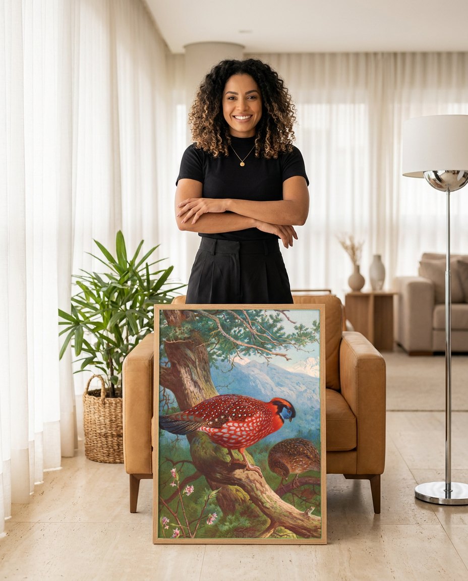 Quadro Decorativo Aves Exóticas em Montanha - Thorburn | modelo apresentando o quadro emoldurado