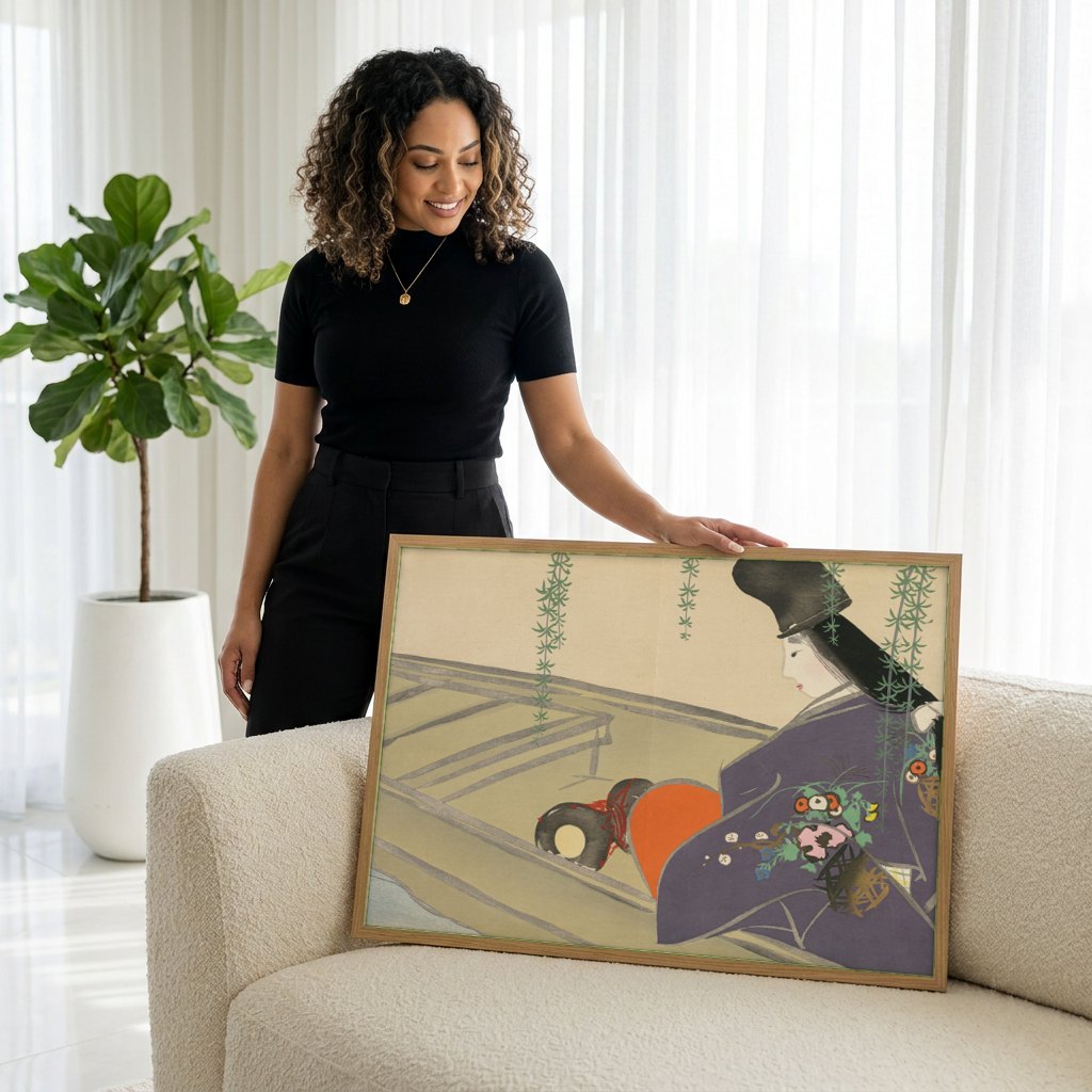Quadro Decorativo A Dama do Barco - Kamisaka Sekka | modelo apresentando o quadro emoldurado