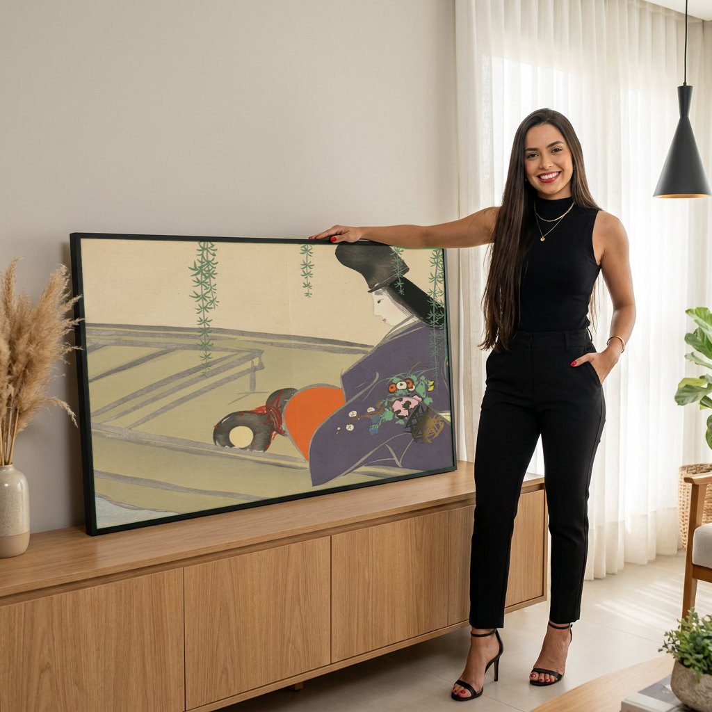 Quadro Decorativo A Dama do Barco - Kamisaka Sekka | modelo apresentando o quadro emoldurado
