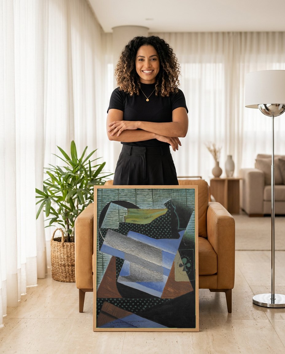 Quadro Decorativo Natureza Morta Cubista - Juan Gris | modelo apresentando o quadro emoldurado