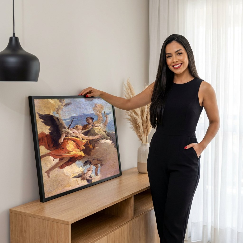 Quadro Decorativo A Virtude e a Nobreza - Tiepolo | modelo apresentando o quadro emoldurado