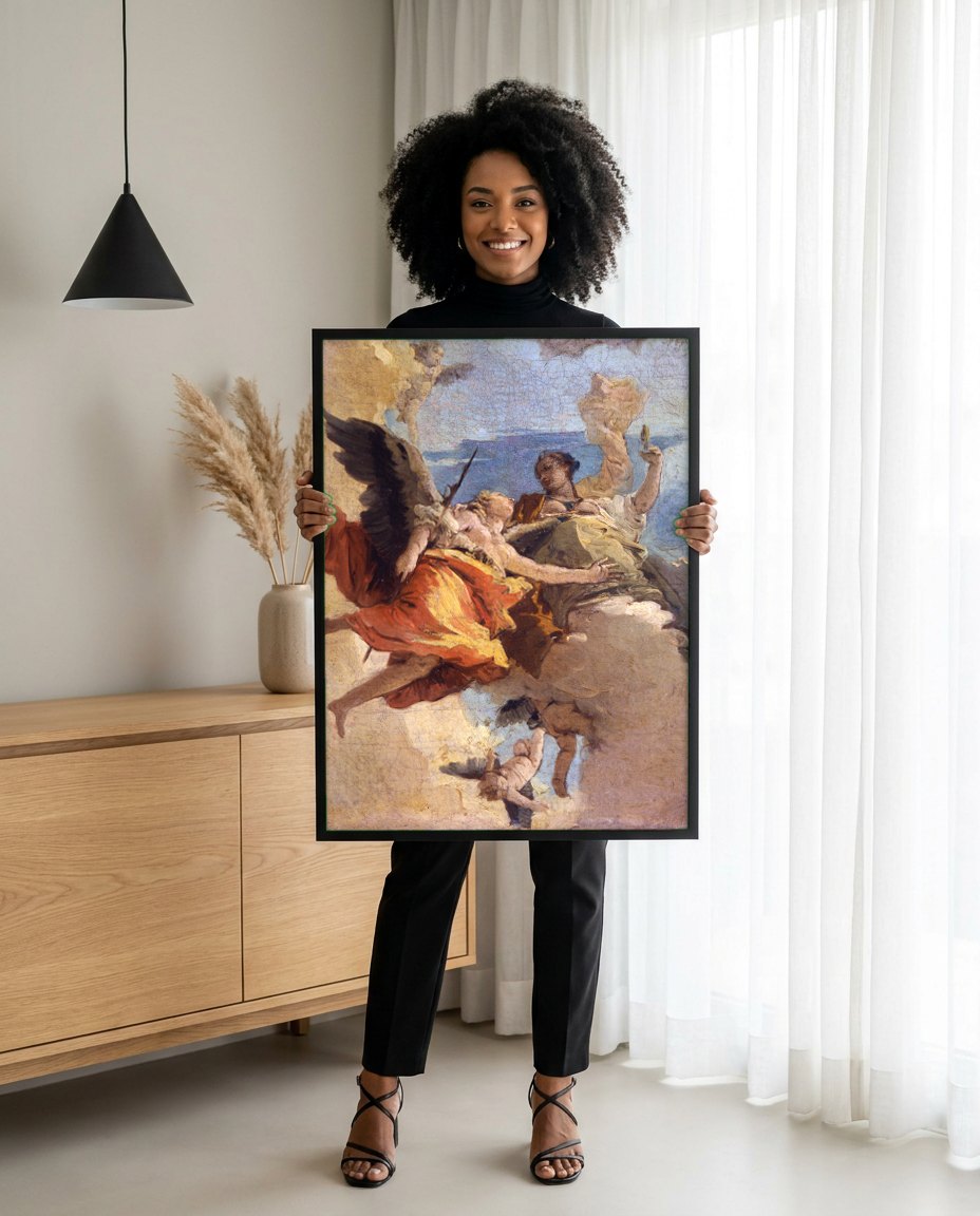 Quadro Decorativo A Virtude e a Nobreza - Tiepolo | modelo apresentando o quadro emoldurado