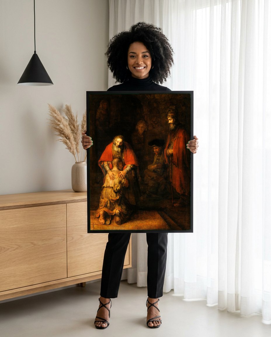Quadro Decorativo O Filho Pródigo - Rembrandt | modelo apresentando o quadro emoldurado