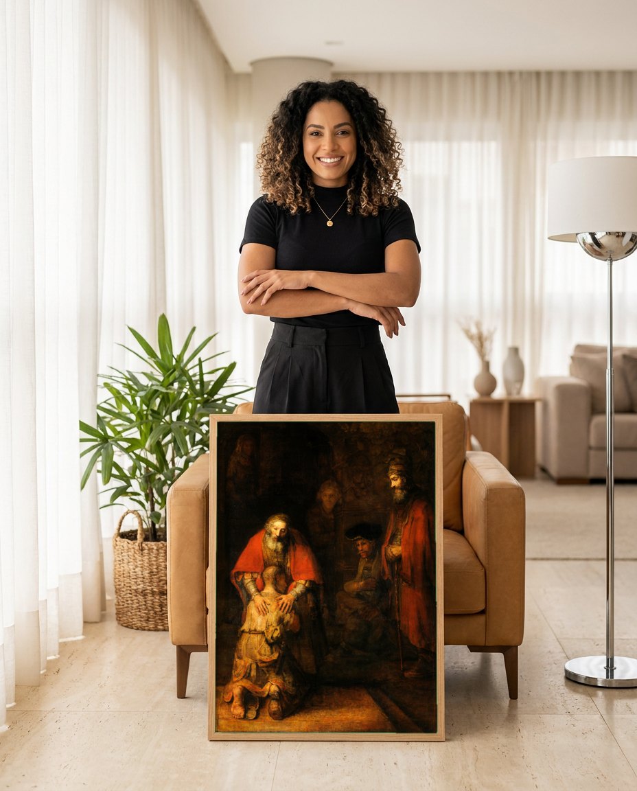 Quadro Decorativo O Filho Pródigo - Rembrandt | modelo apresentando o quadro emoldurado