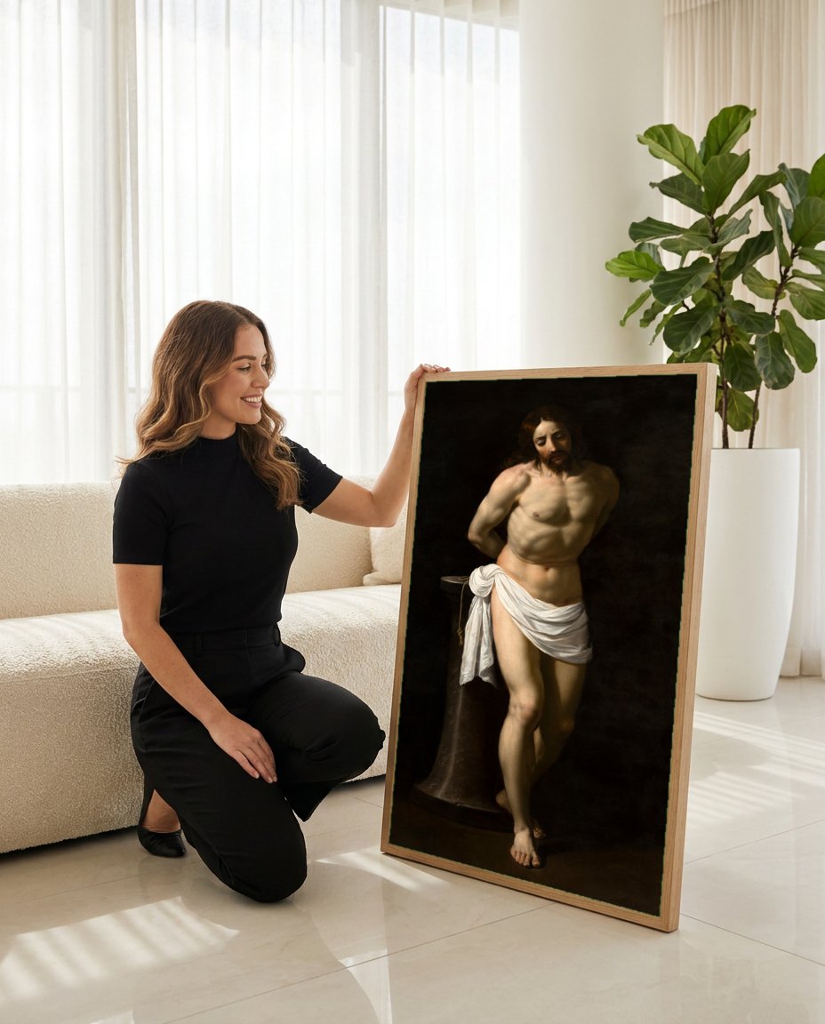 Quadro Decorativo Cristo Atado à Coluna - Guido Reni | modelo apresentando o quadro emoldurado