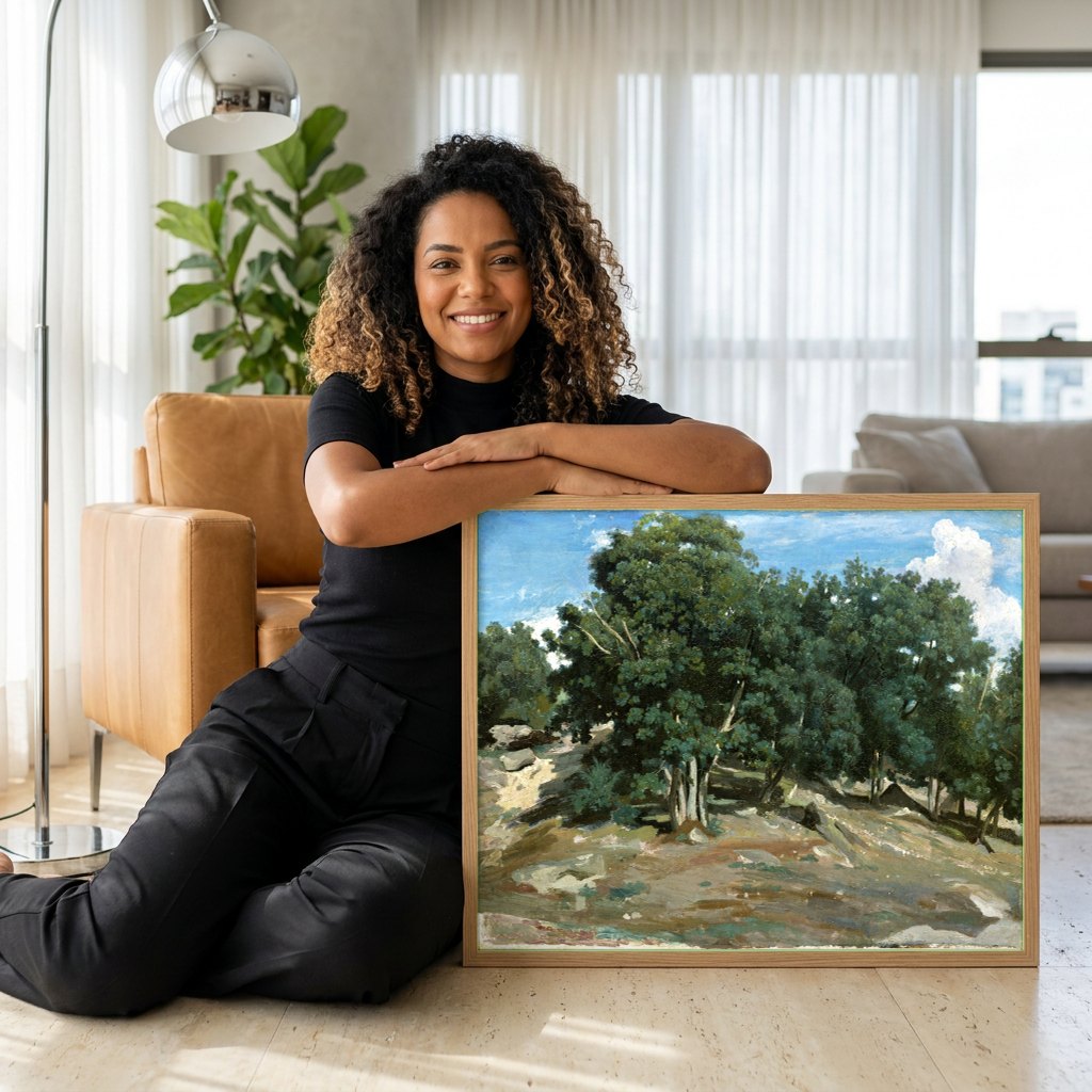 Quadro Decorativo Floresta Ensolarada - Camille Pissarro | modelo apresentando o quadro emoldurado