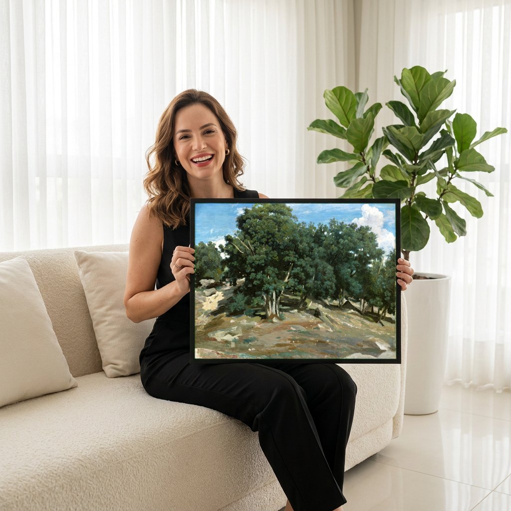 Quadro Decorativo Floresta Ensolarada - Camille Pissarro | modelo apresentando o quadro emoldurado