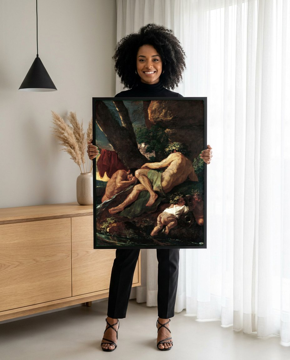 Quadro Decorativo Ninfas e Faunos - Nicolas Poussin | modelo apresentando o quadro emoldurado