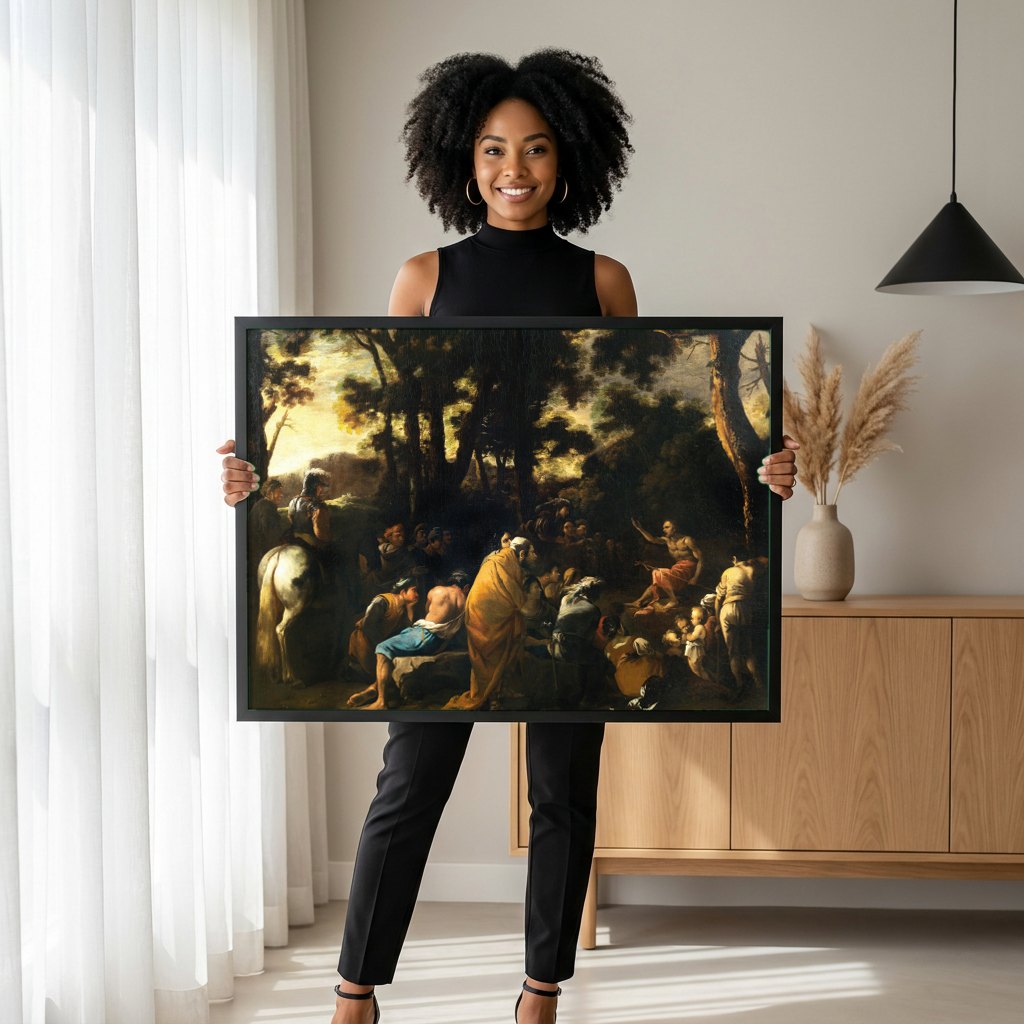 Quadro Decorativo Pregação no Deserto - Salvator Rosa | modelo apresentando o quadro emoldurado