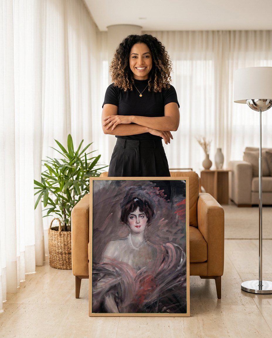 Quadro Decorativo Retrato Feminino Elegante - Boldini | modelo apresentando o quadro emoldurado