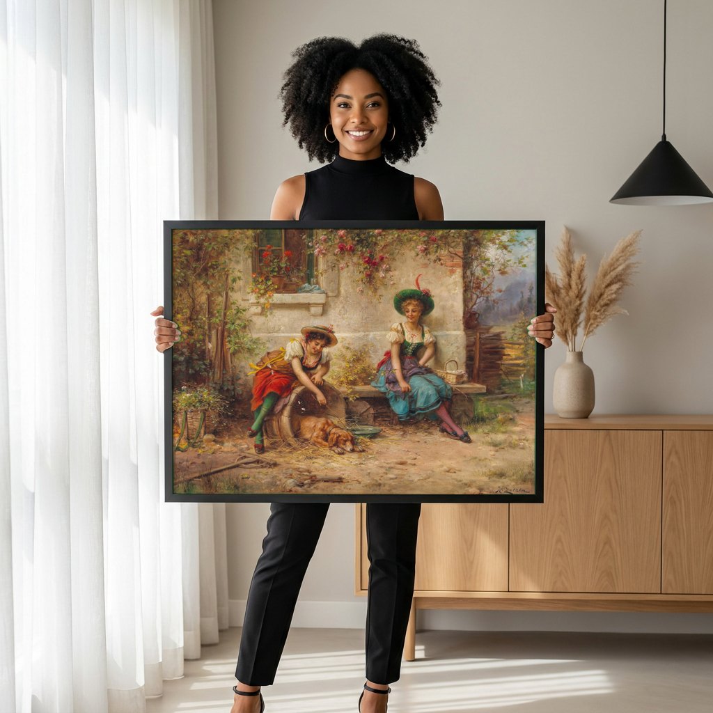 Quadro Decorativo A Amizade (ou Jovens Camponesas) - Hans Zatzka | modelo apresentando o quadro emoldurado
