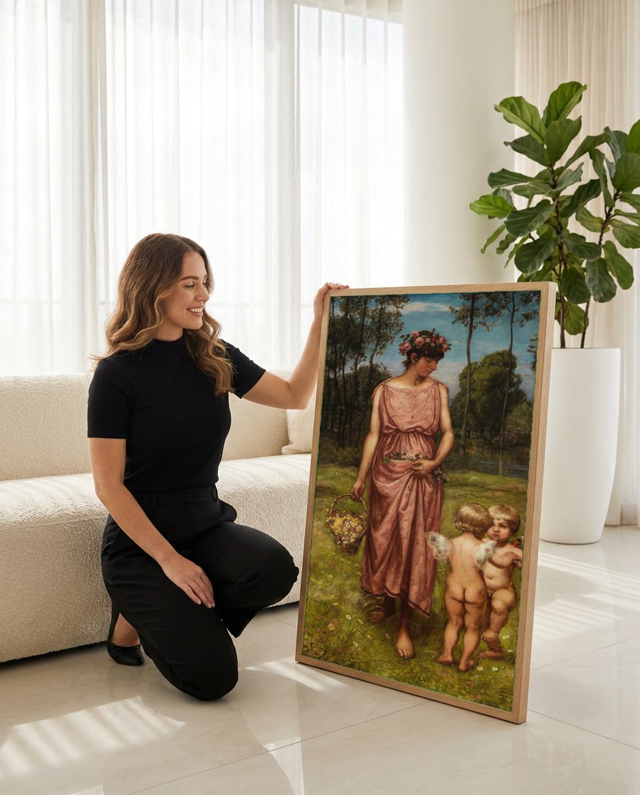 Quadro Decorativo A Primavera - Hans Thoma | modelo apresentando o quadro emoldurado